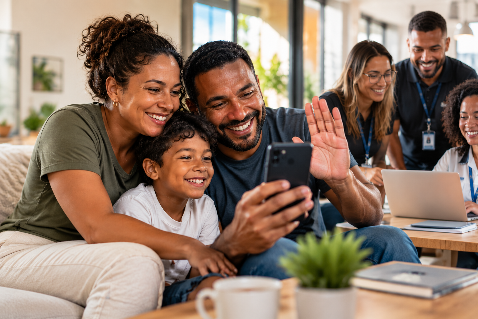 Família utilizando telemedicina pelo celular